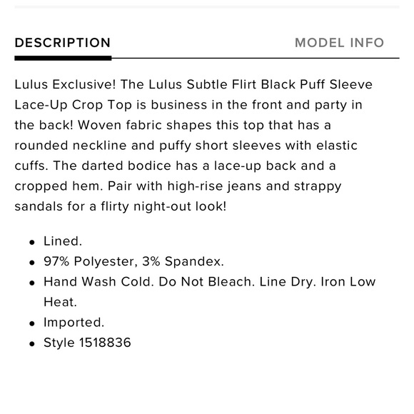 Lulu’s Subtle Flirt Black Puff Sleeve Lace-up Crop Top - Picture 4 of 10